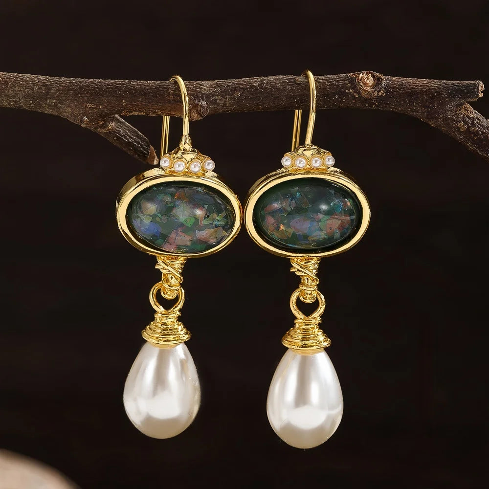 Geometry Black Stone and Pearl Earrings