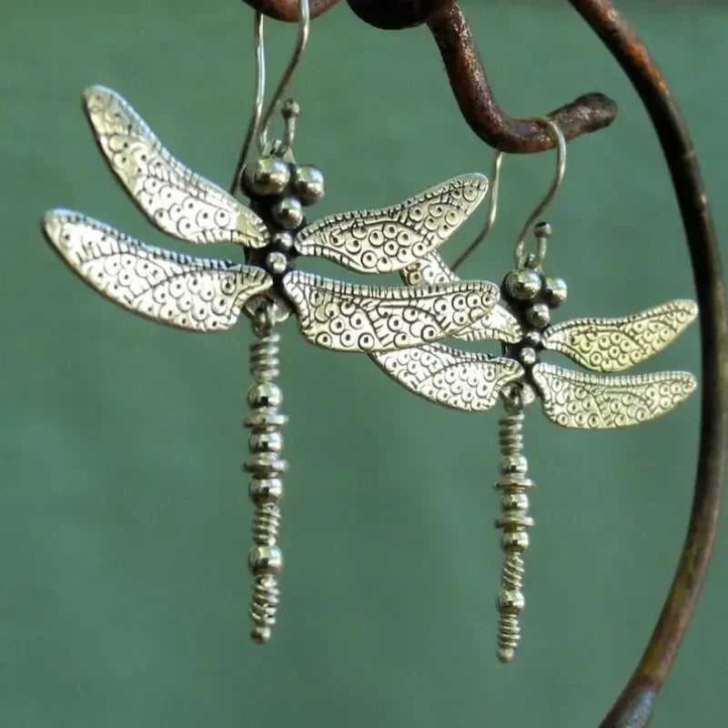 Silver Vintage Dragonfly Carved Pattern Retro Earrings
